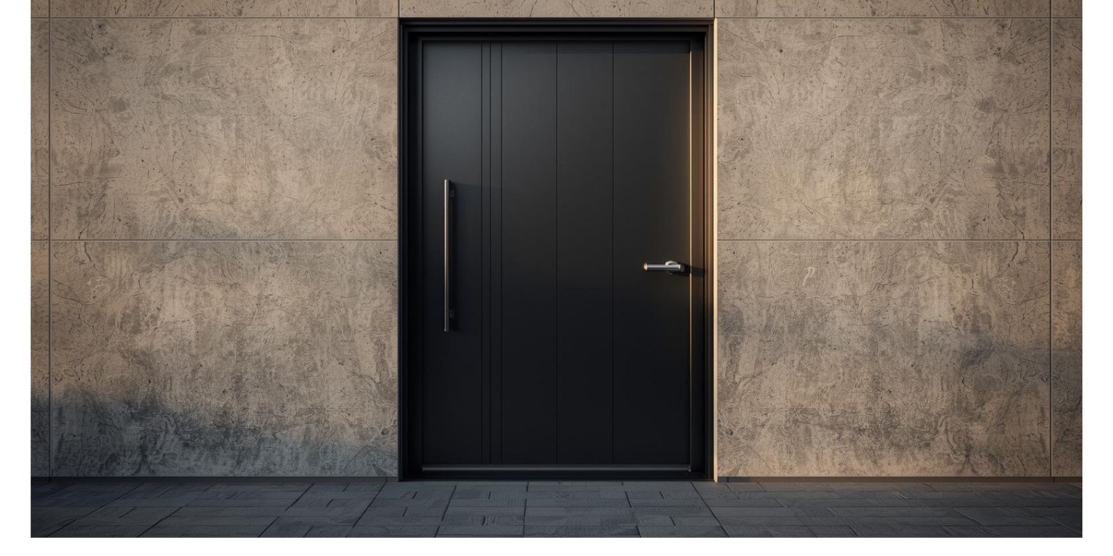 Aluminiowe drzwi bezpieczeństwa w antracycie z ukrytymi zawiasami; subtelne przetłoczenia, równe szczeliny, studyjne tło neutralne