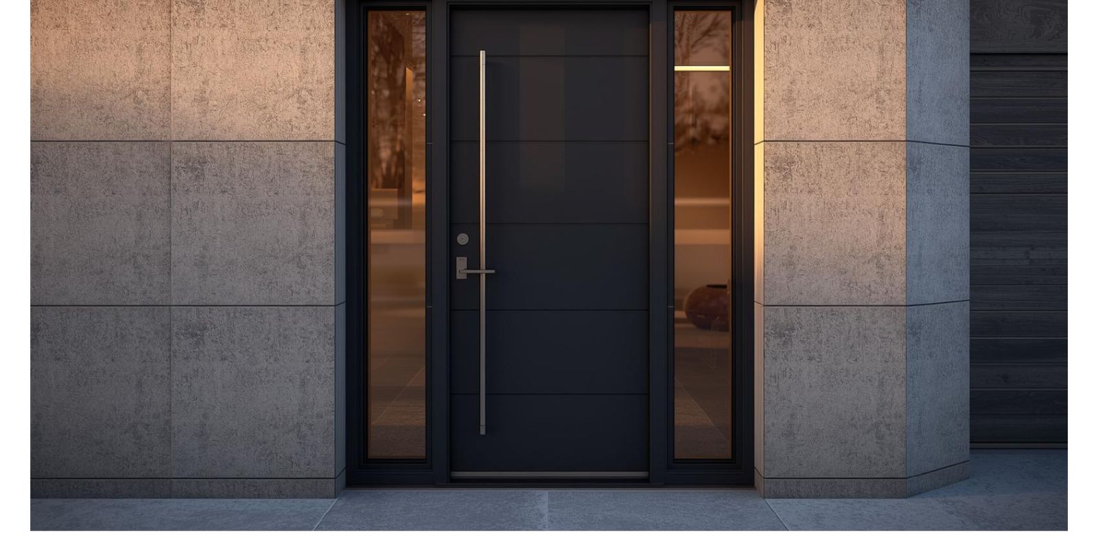 Aluminiowe drzwi wejściowe w czarnym macie z pionowym pochwytom ze stali; frontowe ujęcie na tle nowoczesnej elewacji z mikrobetonu