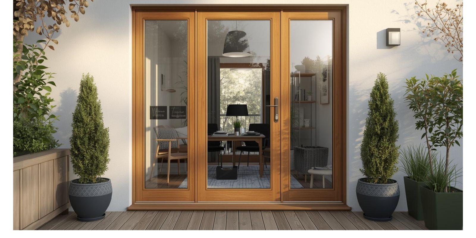Drzwi aluminiowe w kolorze dębu z wąskim pionowym przeszkleniem; taras z deską drewnianą i roślinami doniczkowymi, miękkie poranne światło, styl skandynawski
