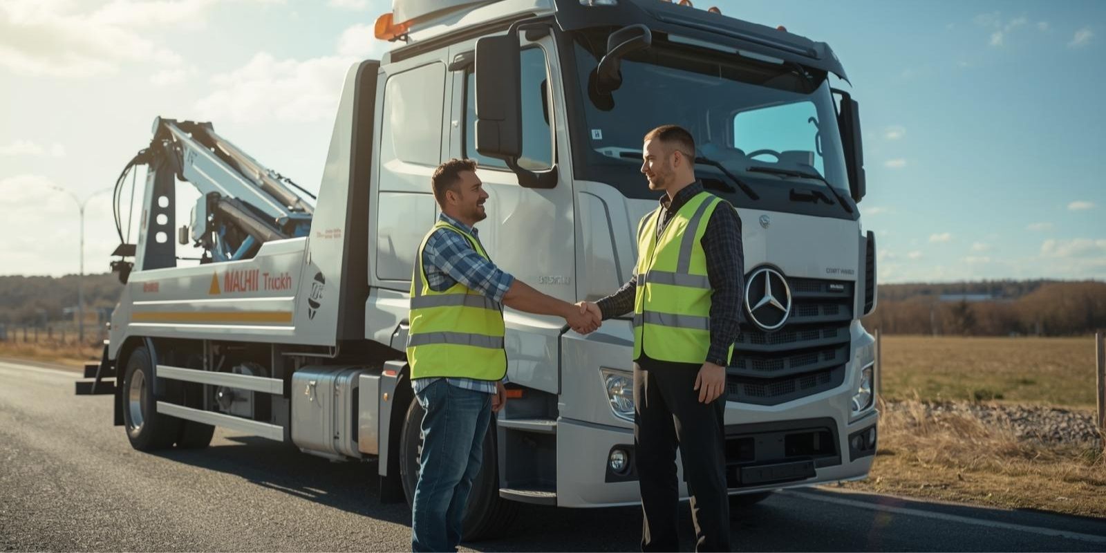 Dwóch mężczyzn w kamizelkach odblaskowych podaje sobie ręce przed nowoczesną lawetą – symbol udanej współpracy z lawetami w branży motoryzacyjnej