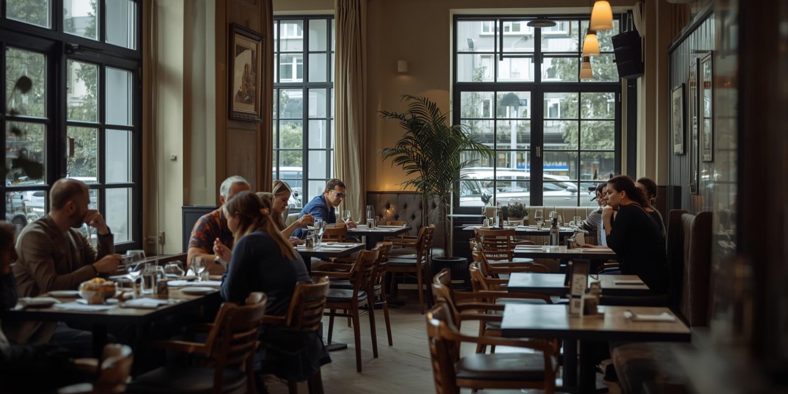 Goście przy stole podczas obiadu w restauracji w Brzesku, spokojna atmosfera spotkania