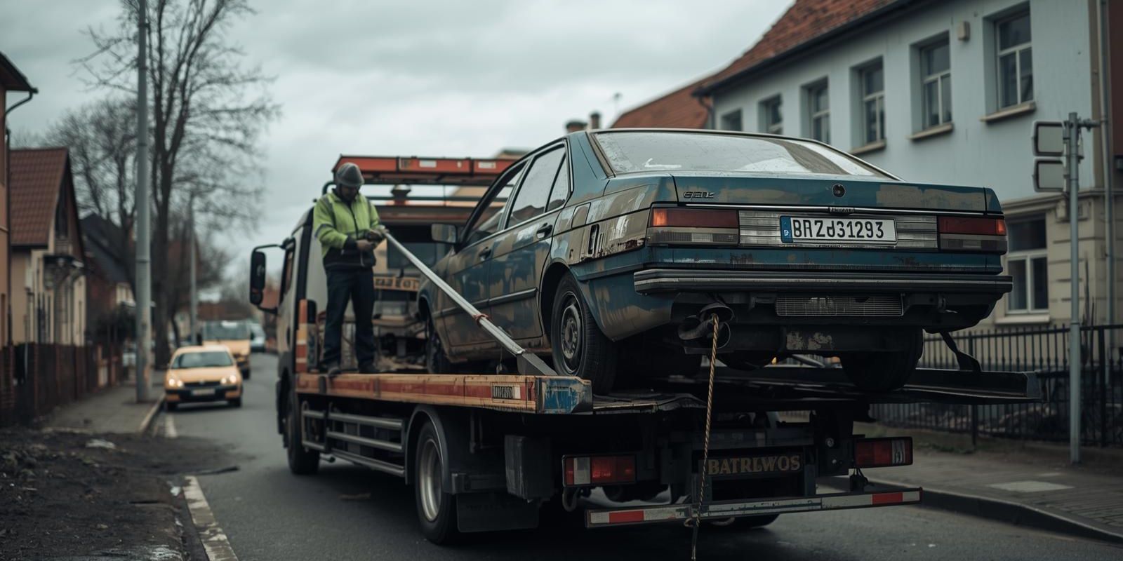 Laweta odbiera stary samochód przeznaczony do sprzedaży w skupie aut; kierowca zabezpiecza pojazd przed transportem
