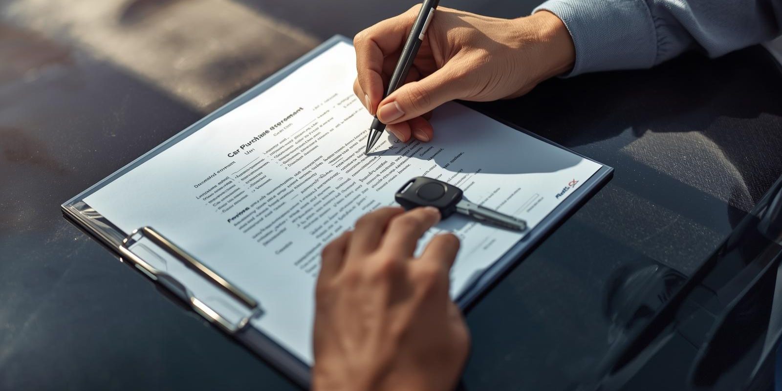 Zbliżenie na podpisywanie umowy sprzedaży samochodu w skupie aut w Chojnicach; obok dokumentów leżą kluczyki do pojazdu